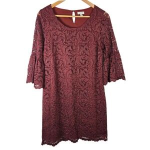 Garnet Hill Lace Dress Women's‎ Size 4 Burgundy Bell Sleeve Party Cocktail